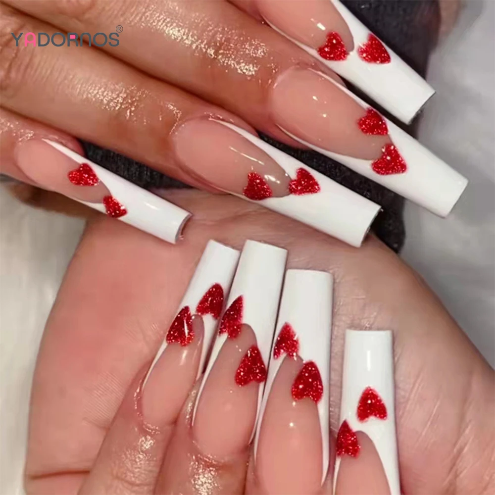

24pcs False Nails with Red Love Heart Designs Long Coffin French Ballerina Fake Nails Full Cover Acrylic Press On Nails Tips