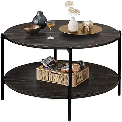 

Round Coffee Table, Living Room Table with 2-Tier Storage Shelf, 32in Wood Modern Coffee Table with Metal Frame and Wood Desktop