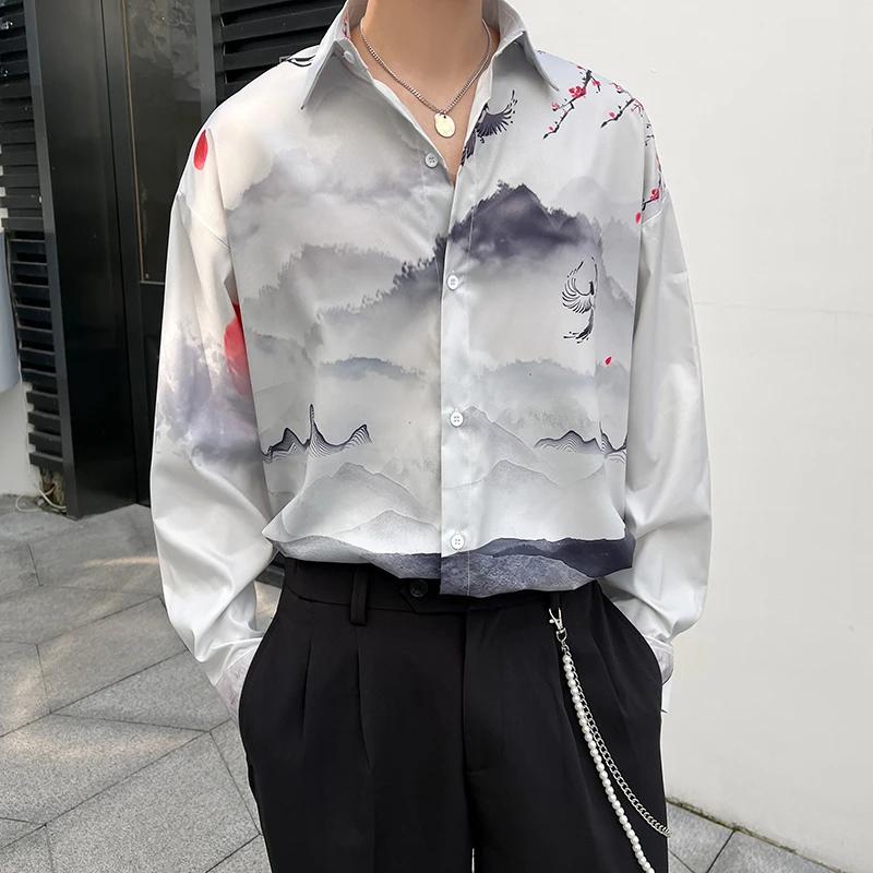 2022 spring new loose printing long-sleeved shirt trendy men's personality antique shirt thin
