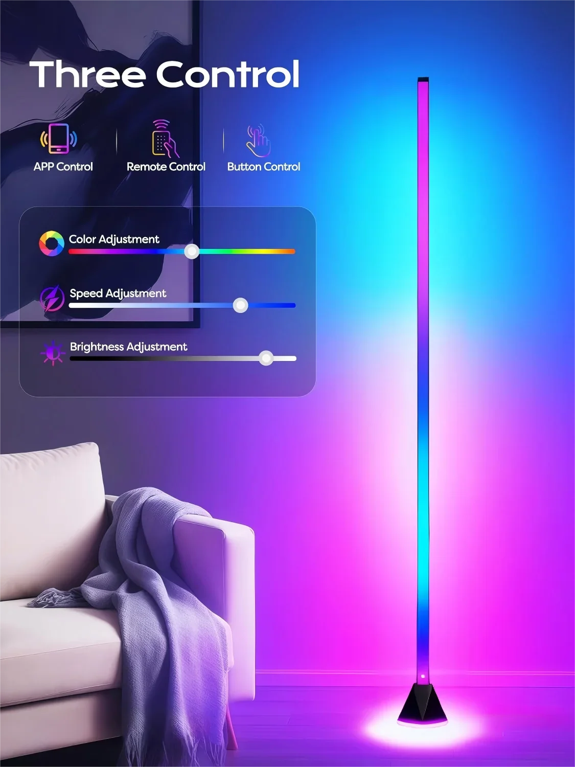 Фото Умный RGB LED торшер TechHPSmart 160 см, яркий напольный светильник для гостиной с управлением через приложение и пультом ДУ, современный торшер с музыкой №2