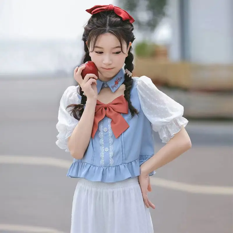 

T-Shirt Women Elegant Shirts Cute kawaii Casual Preppy Style Red Bow JK Girls Office Ladies Tops Vintage y2k Gothic Summer New