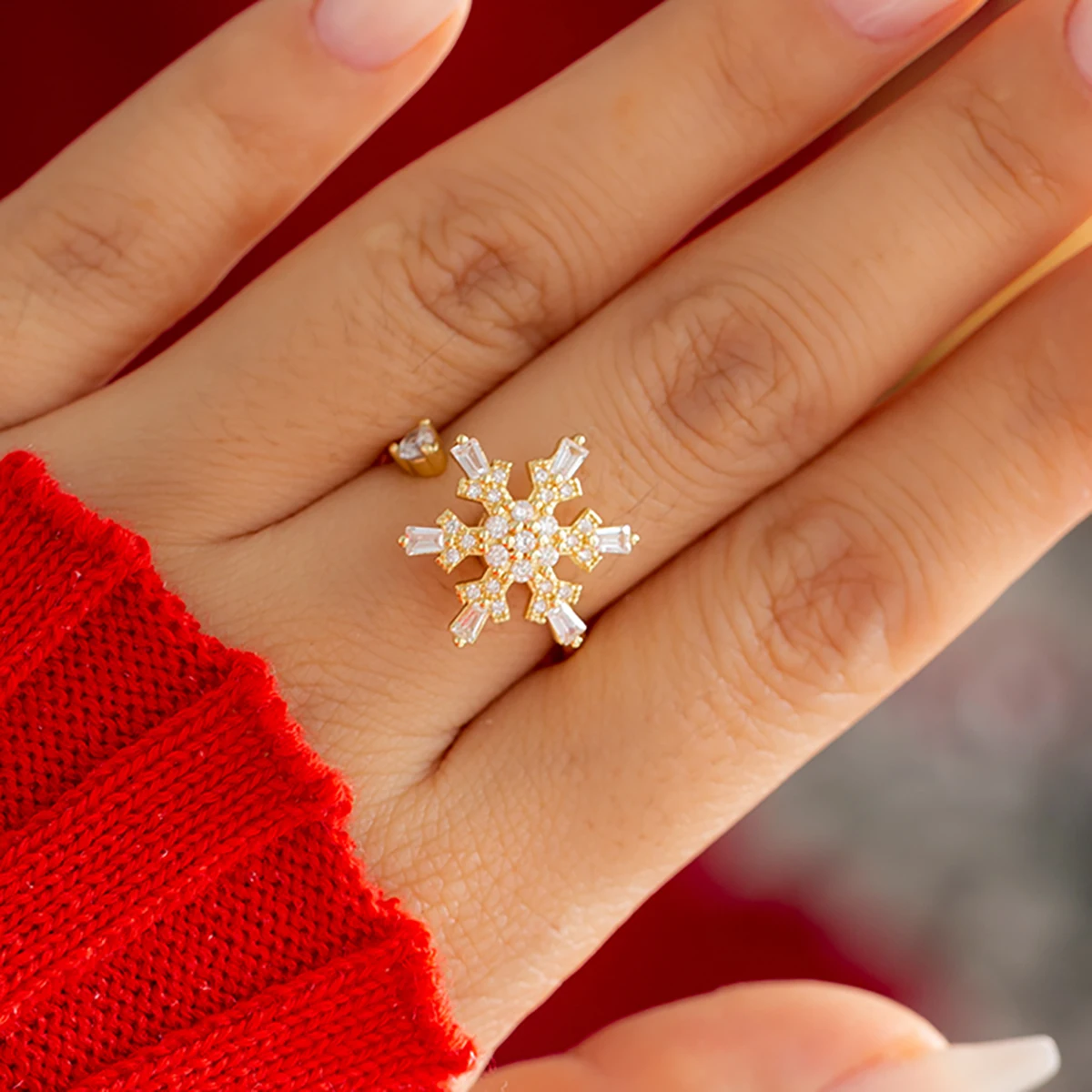 

Salircon Korean Style Simple Rhinestone Snowflake Ring Fashion Open Adjustable Rings Charm Wedding Party For Women Jewelry