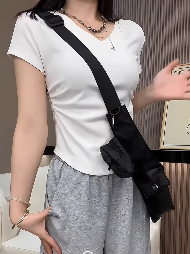 Женская облегающая футболка с V-образным вырезом коротким рукавом и складками