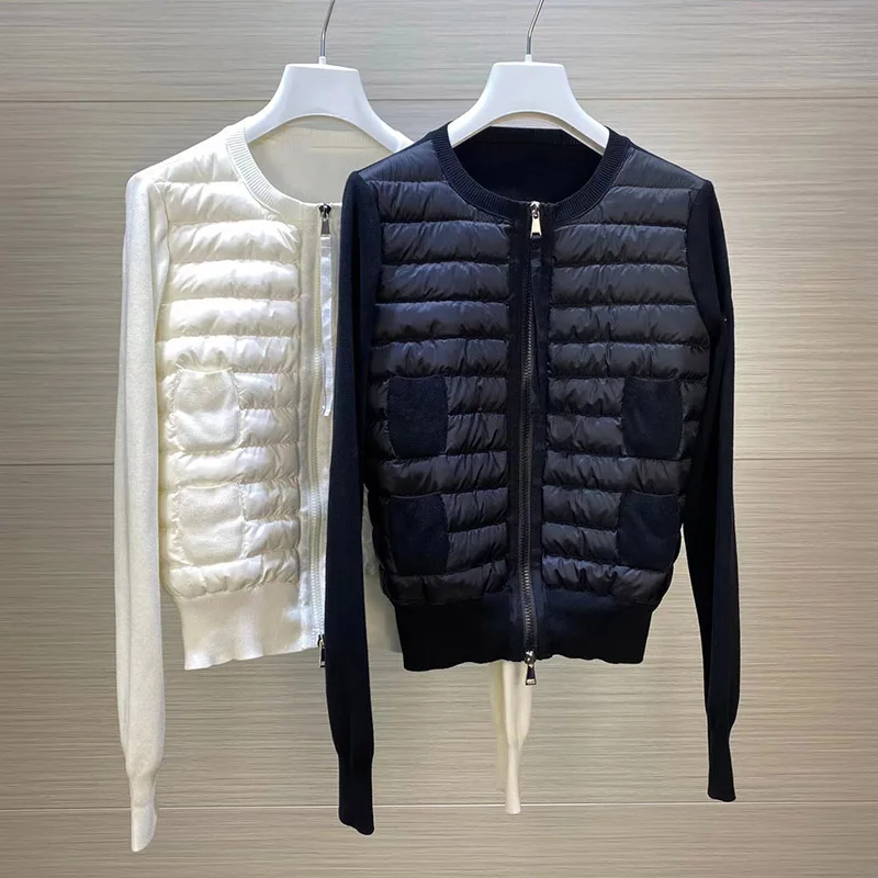 

New Spring Autumn Light Down Coat Women Knitted Sweater Patchwork O-neck Four Pockets Thin Duck Down Jacket Luxury ZN73