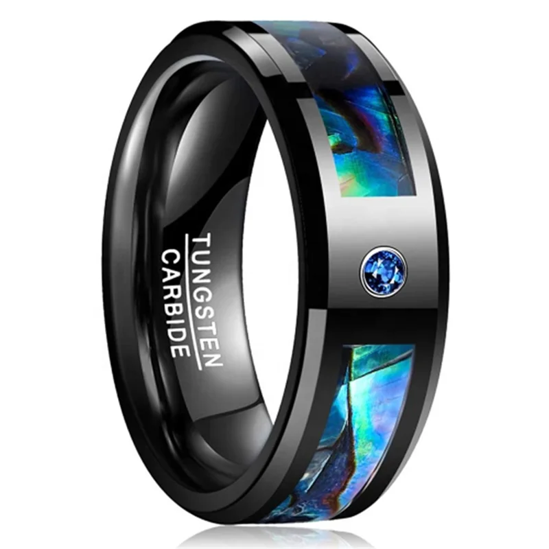 

Black Tungsten Abalone Shell Inlay Ring 8mm Blue Sapphire Stone Wedding Band For Men