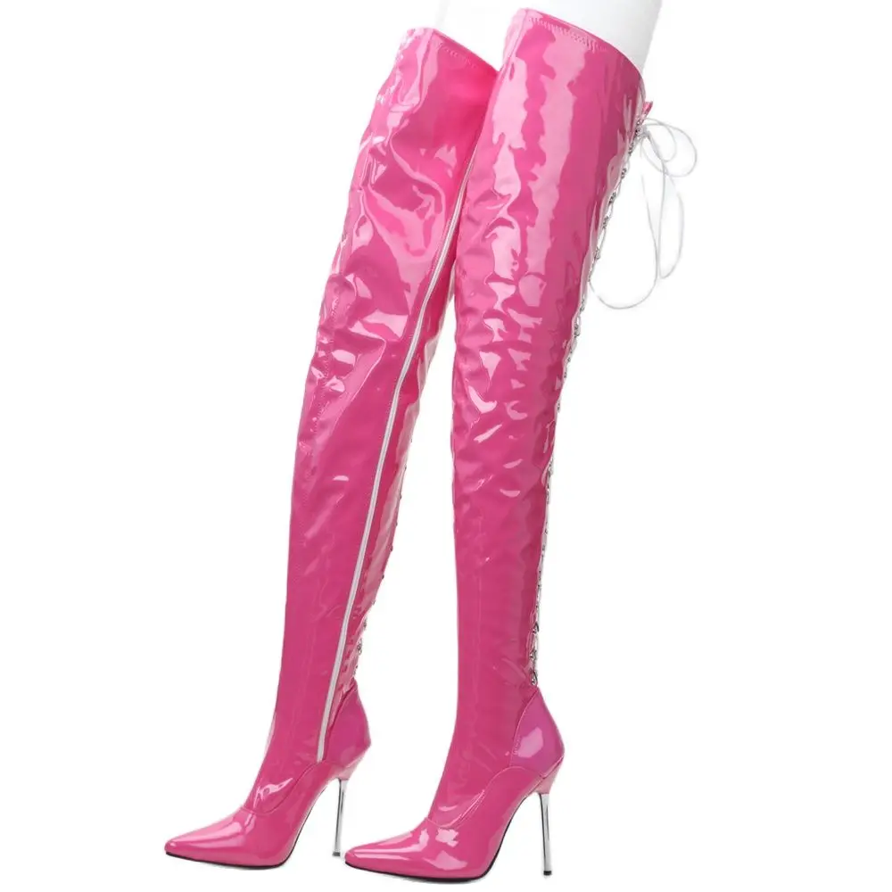 Women Over the Knee Boots 12CM High Heel Pointed toe Metal Thin Heels Zip Sexy Cross-tied Thigh Long Boots