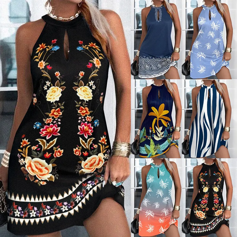 

Dress for Women 2023 Summer Sleeveless Hanging Neck Printed Dress