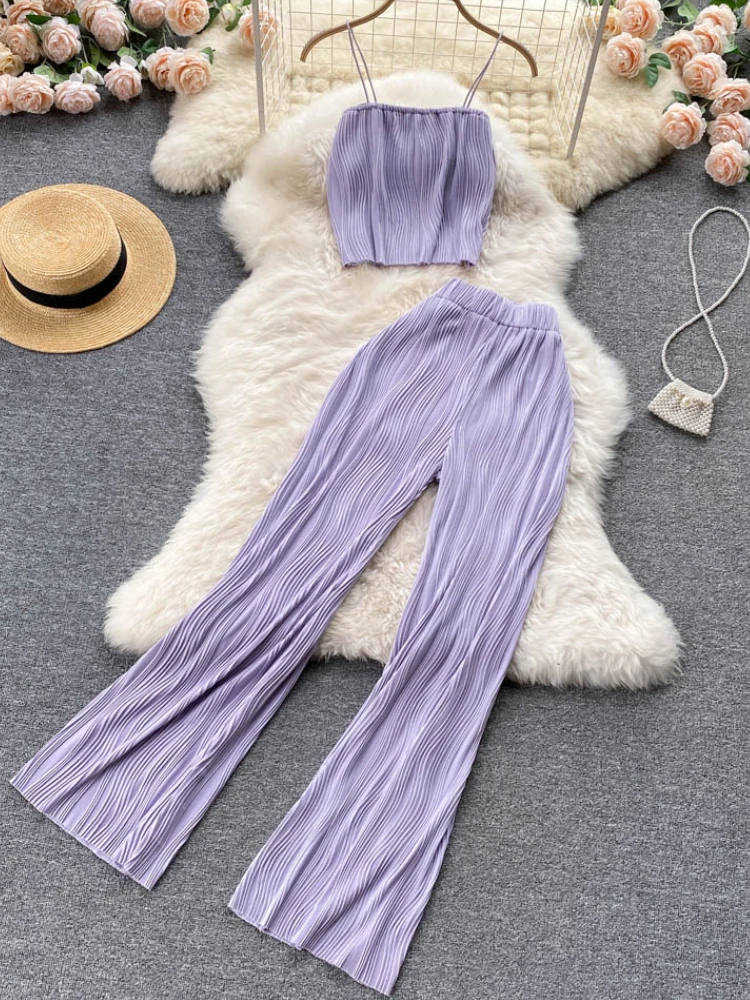 

Summer Spaghetti Strap Tops+High Waist Wide Leg Pants Women Two Piece Set Elegant Sexy Beach Outfits Female Fashion Clothes