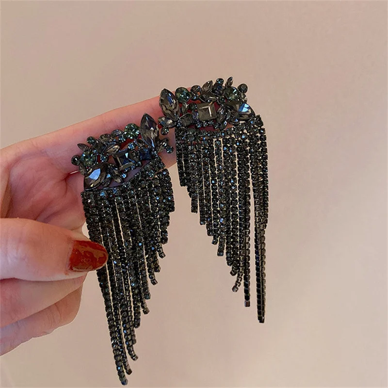 

FYUAN New Long Tassel Geometric Drop Earrings for Women Black Flowers Crystal Dangle Earrings Statement Jewelry