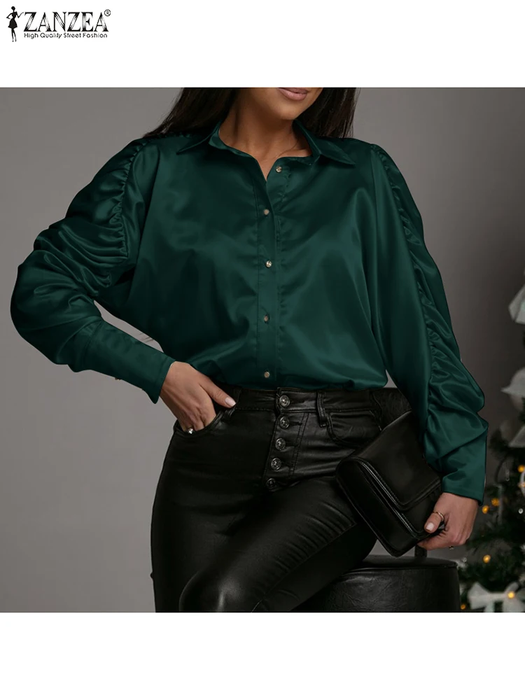 

2022 ZANZEA Fashion Lapel Neck Long Sleeve Satin Shirt Elegant Women Blouse Spring Buttons OL Work Blusas Solid Casual Tunic Top