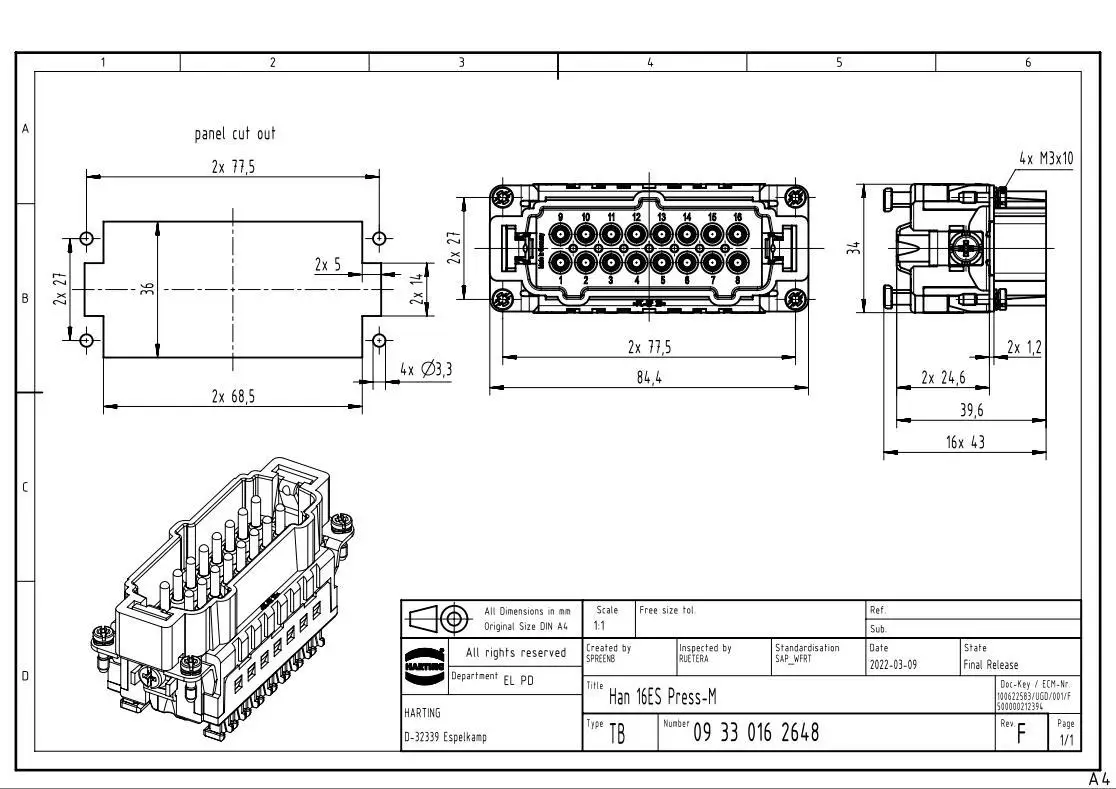 09330162648 HARTING коннектор 16-контактный штекер проводник Быстрый провод 16A500V