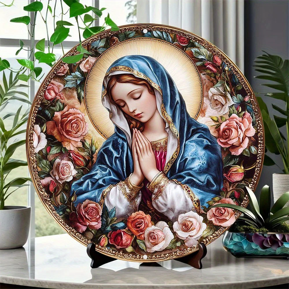 Вдохновляющий круглый алюминиевый металлический настенный рисунок Девы Марии с