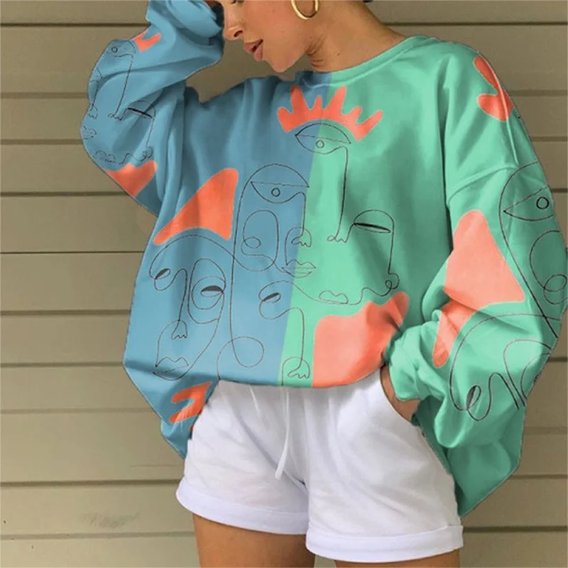 

Blue Green Splicing Abstract Face Print Oversized Crewneck Sweatshirt Women Casual Long Sleeve Kawaii Clothing Aesthetic Autumn
