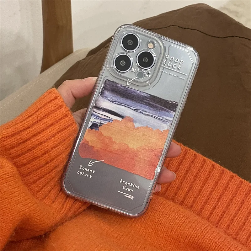 

Retro Sunset glow oil painting art transparent Phone Case For iPhone 13 12 11 Pro Max Xs Max Xr X 7 8 Plus Case Cute Soft Cover