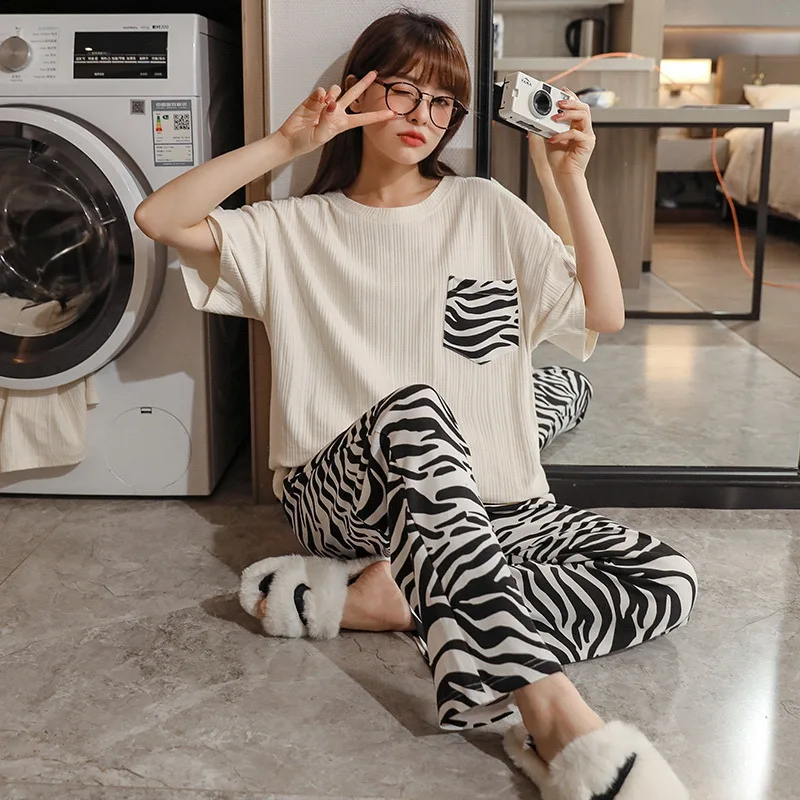 New Pajamas Cartoon Cotton Pajamas Women's Trousers Short-sleeved Summer and Spring Home Clothes Fashion Home Clothes