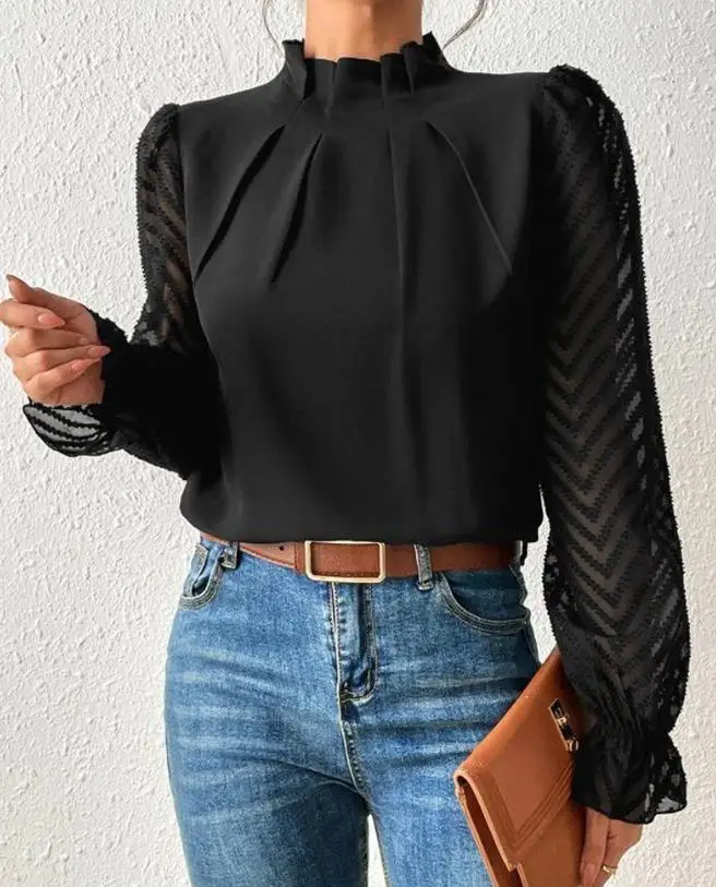 

Fashion Woman Bloom 2023 Summer New Casual Elegant Lantern Sleeve Chevron Pattern Ruched Long Sleeve Blouse Basic Versatile