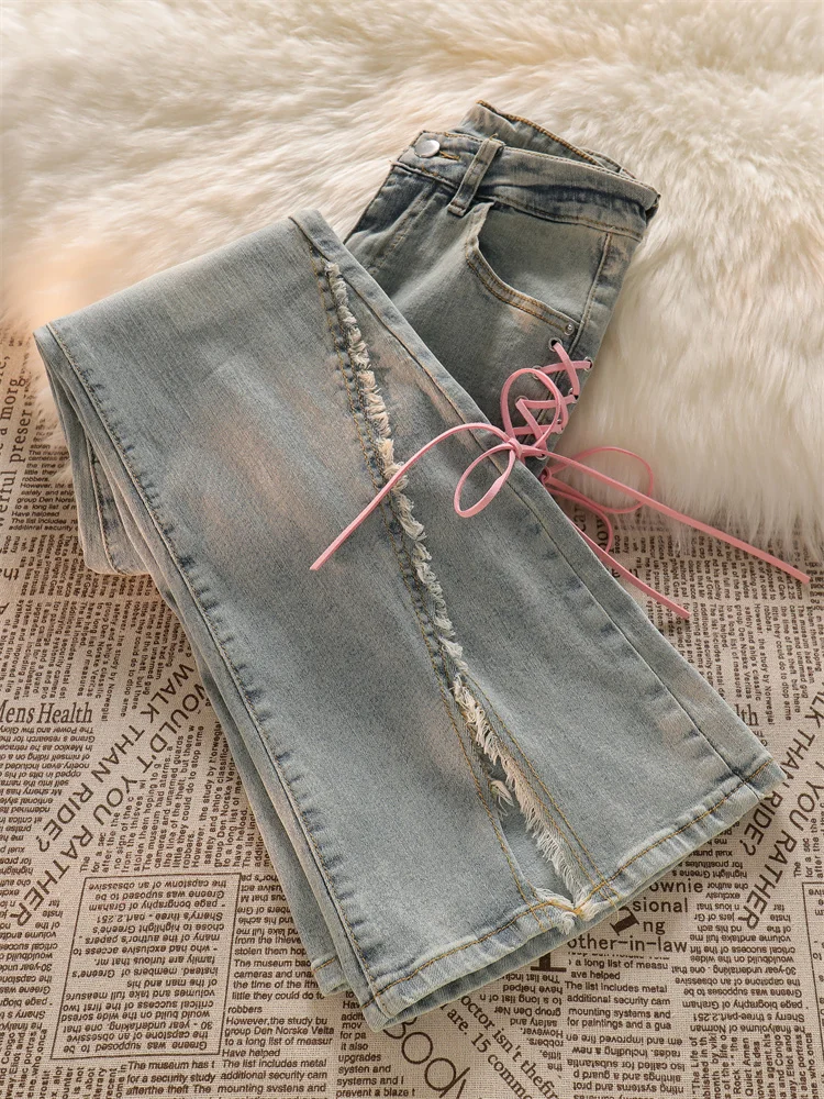 Прямые женские брюки с бантом и разрезом новинка 2024 дизайнерские облегающие