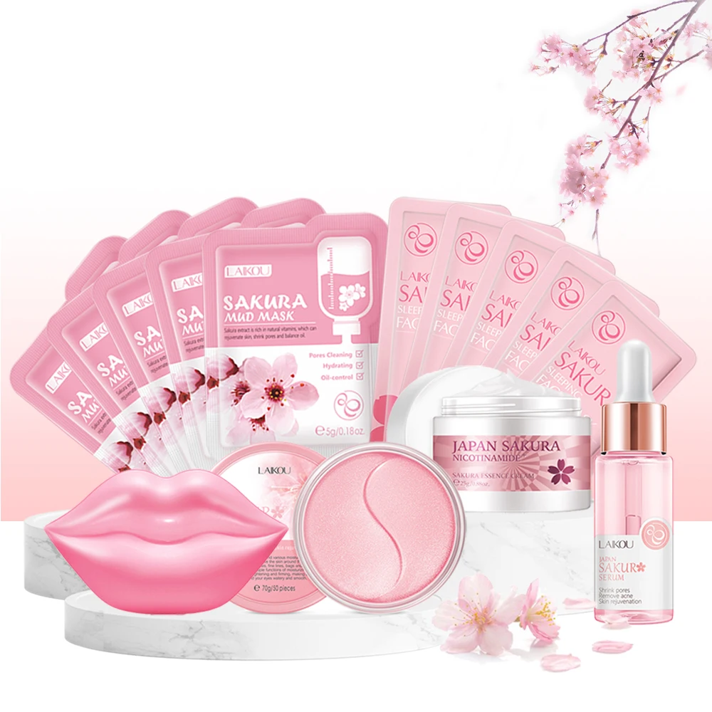 

Skin Care Set Sakura Whitening Cream Korean Cosmetics Nourish Repair Skin Care Products Kit Face Serum Fade Dark Circle Eye Mask