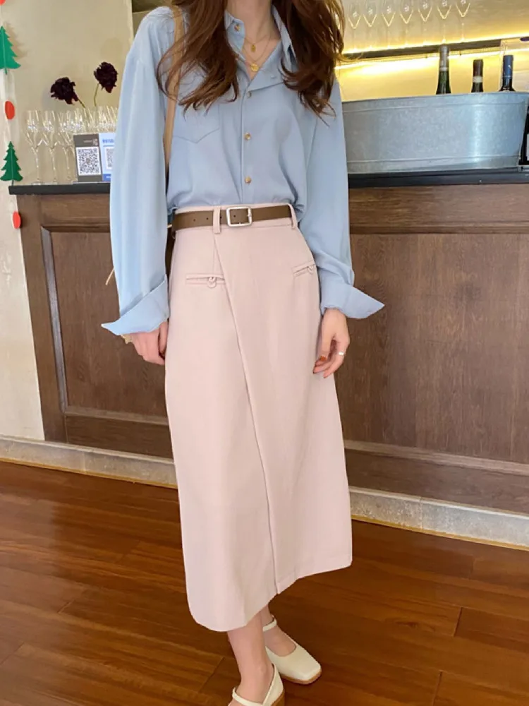 

Spring Autumn Two Piece Set Women Korean Style Long Sleeve Shirt + High Waist Midi Skirt Suits Vintage Ensemble Femme 2 Pieces