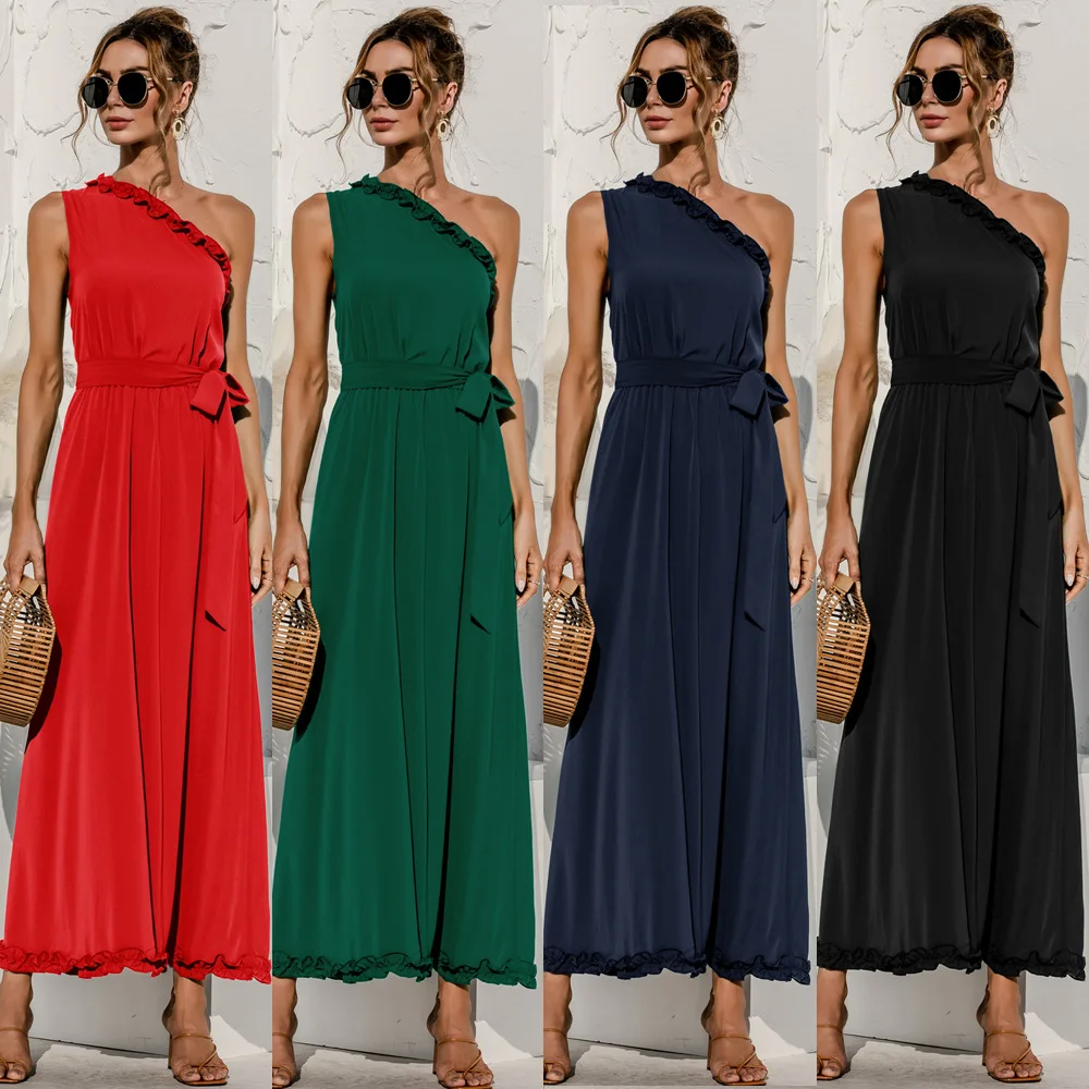 

Summer Solid One Shoulder Sleeveless Maxi Dress For Women Elegant Diagonal collar Sashes Party Dress Women Holiday Vintage Dress