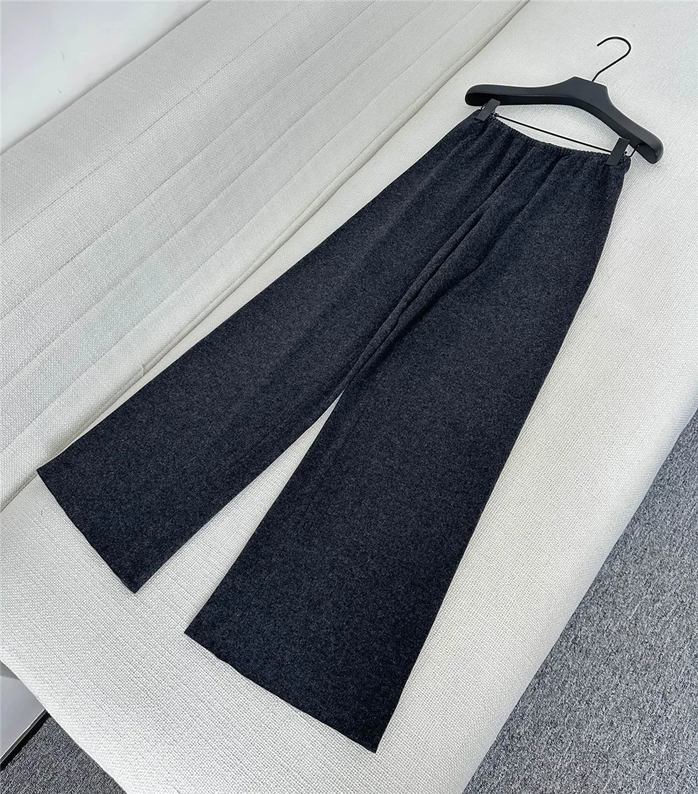 Женский брючный костюм шерстяной свободный топ с поясом + эластичные широкие