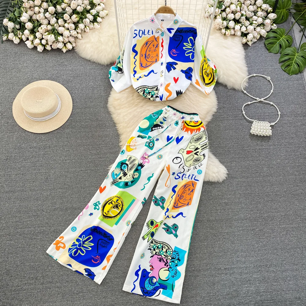 

Fashion 2pcs for Women Casual Loose Graffiti Print Imitation Silk Shirt High Waist Wide Leg Pants 2 Piece Sets Womens Outfits