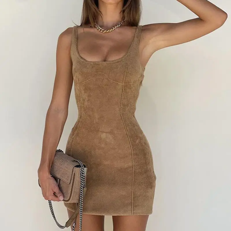 

Sexy Y2K Women Dresses Spaghetti Strap Sleeveless Summer 2022 Elegant Plain Coffee Bodycon Club Night Party Female Mini Dress
