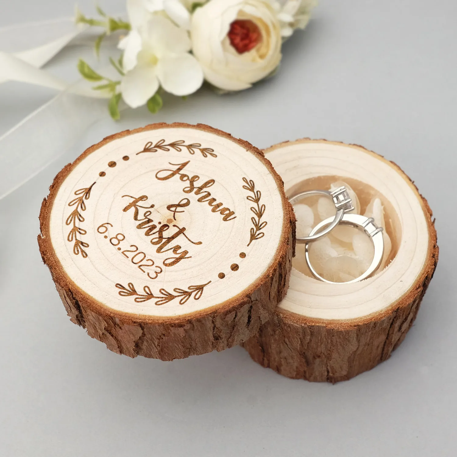 

Personalized Wedding Ring Box Rustic Wood Ring Box Engagement Box Flower Inside Ring Bearer Box Jewelry Holder Proposal Ring Box