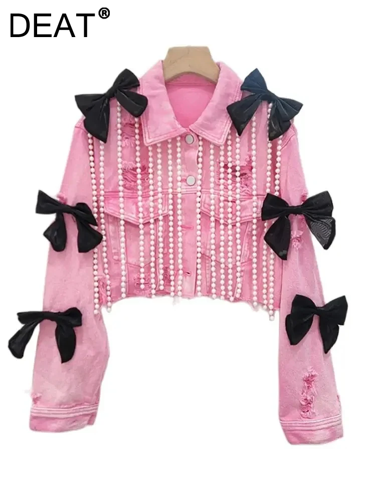 Женская джинсовая куртка с бантом DEAT короткая розового цвета цепочками и