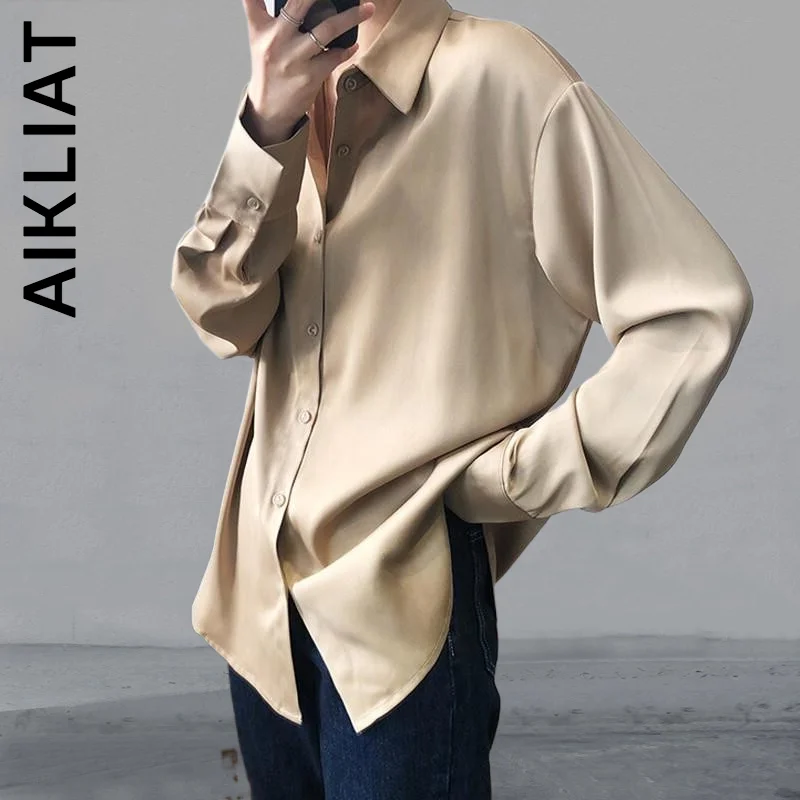 

Aikliat Women New Shirt Chic Slim Korean Style Tops Solid Turn Down Collar Workwear Office Lady Loose Soft Female Mom Clothes