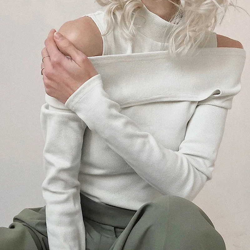 Knitted Cold Shoulder Woman T Shirts Stand Collar White Casual Long Sleeve Korean Short Slim Womens T Shirt 2022 Spring New