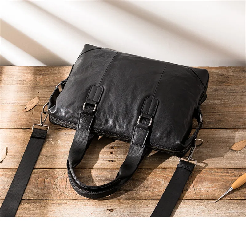 Simple casual high quality natural genuine leather men's black portable briefcase women's soft cowhide travel computer bag