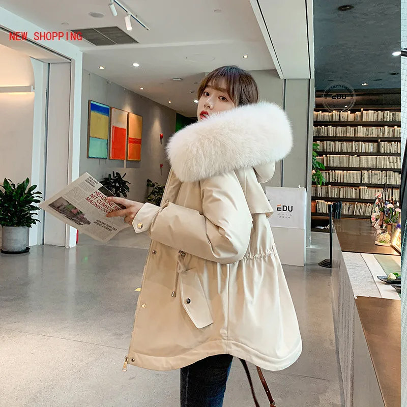 Women Parkas Winter Coat Luxurious Large Fur Collar Hooded Thick Warm Padded Jacket Dovetail Jackets Fur Lining Parka White 2021