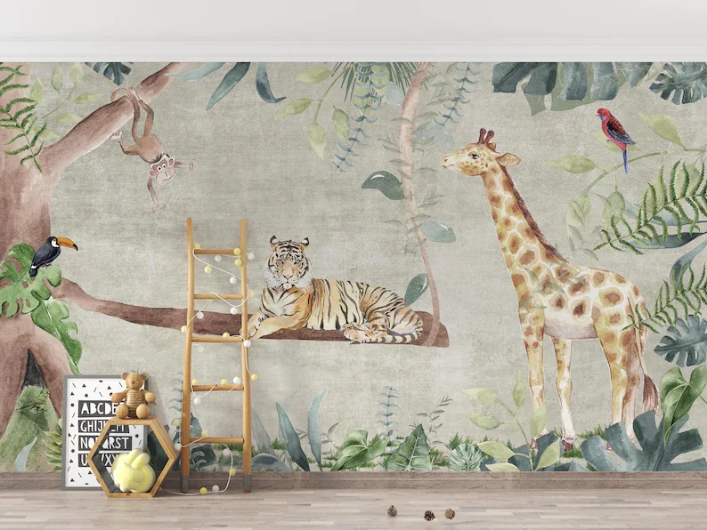 

Giraffe Monkey Parrot and Tiger on Tree Branch in Forest Wallpaper Self Adhesive Peel and Stick Wall Decoration Scandinavian Rem