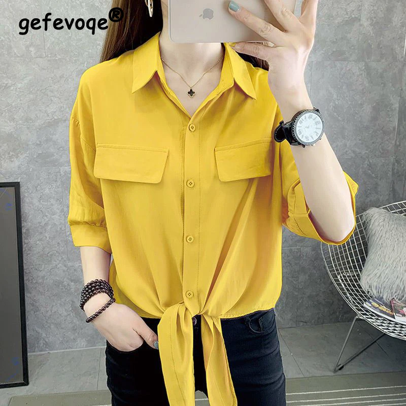

Spring Summer Polo-neck Polka Dot Print Oversized Chiffon Shirt Ladies Half Sleeve Loose Casual Cardigan Top Women Solid Blouse