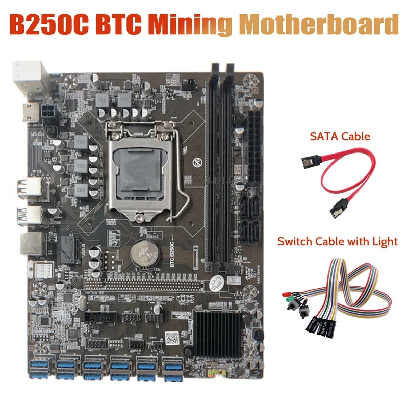 

B250C Miner Motherboard+Dual Switch Cable With Light+SATA Cable 12 PCIE To USB3.0 Graphics Card Slot LGA1151 DDR4