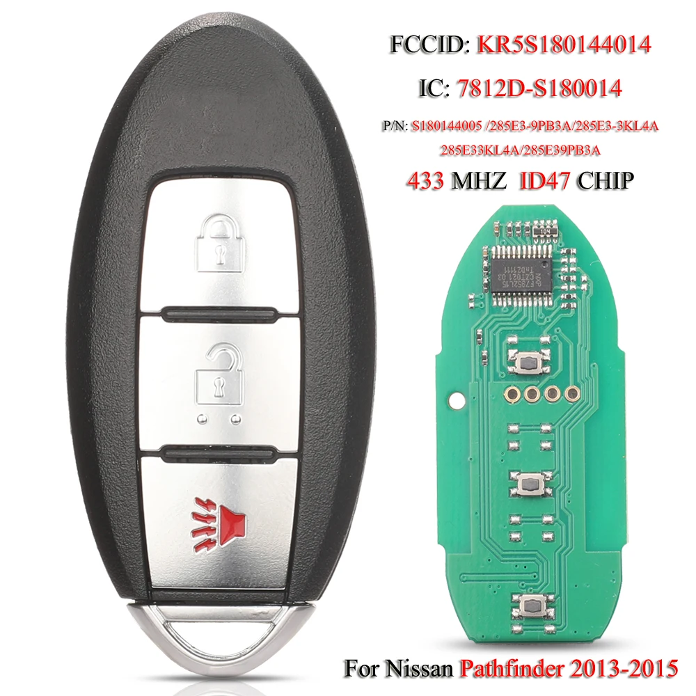 

jingyuqin KR5S180144014 Remote Smart Car Key For Nissan Pathfinder 2013-2015 FSK 433MHZ ID47 Chip 3 Buttons S180144005