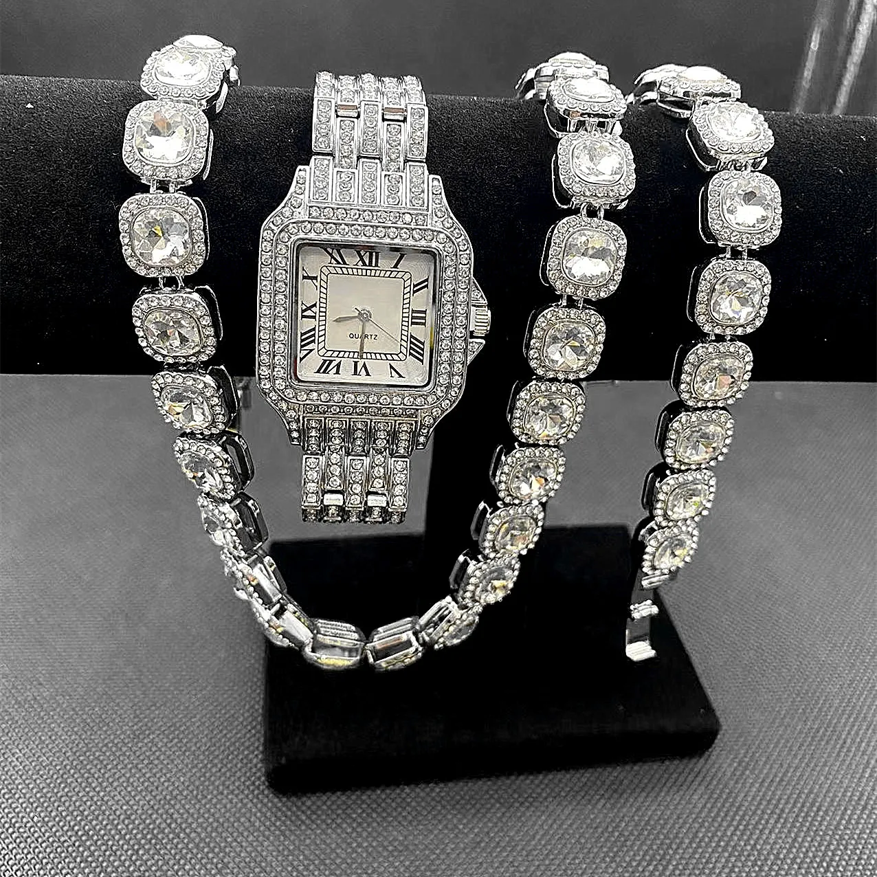 Luxury Iced Out Watches for Women Square Gold Watch Sliver Link Chains Bracelet Necklace Bling Jewelry Women Watch Set Relojes