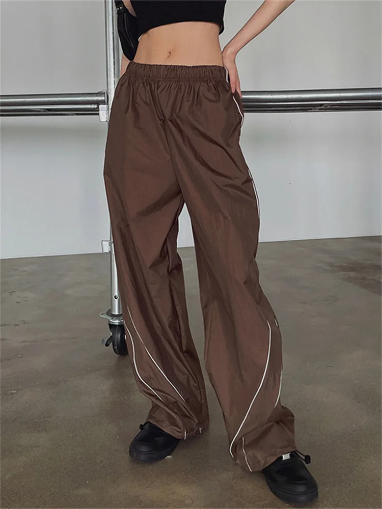 

Винтажные коричневые брюки-карго QWEEK Y2K, женская уличная одежда в стиле ретро 90-х, светоотражающие полосатые тренировочные брюки, спортивные брюки в стиле хип-хоп с широкими штанинами