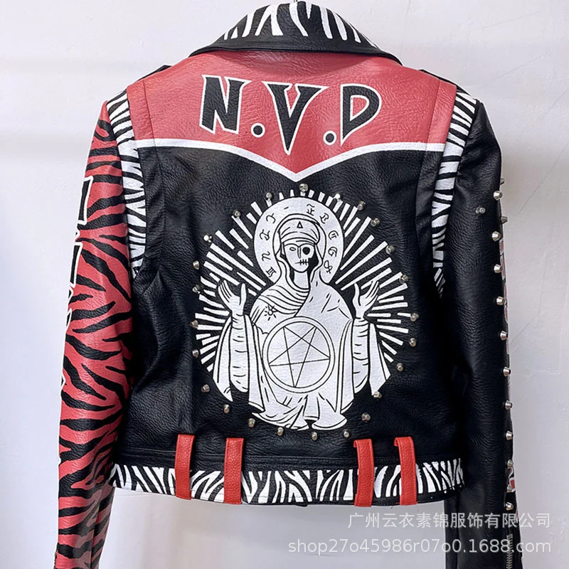 European And American Women'S Leather Coat Fashion Heavy Industry Rivet Letter Graffiti Print Motorcycle Wear   Personality Tren