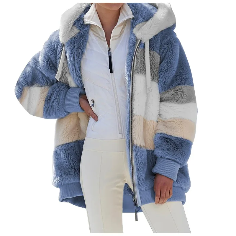 

Warm Plush Patchwork Zipper Loose Jacket Women Winter Sherpa Lined Sweatshirt Fuzzy Fleece Sweatshirt Tie Dye Fluffy Coat