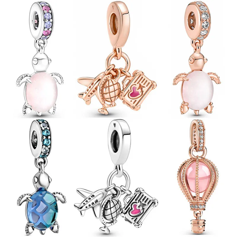 

Розовое золото, розовая черепаха, самолёт, глобус, чемодан, подвеска из бисера, браслет Пандора, DIY ювелирные изделия