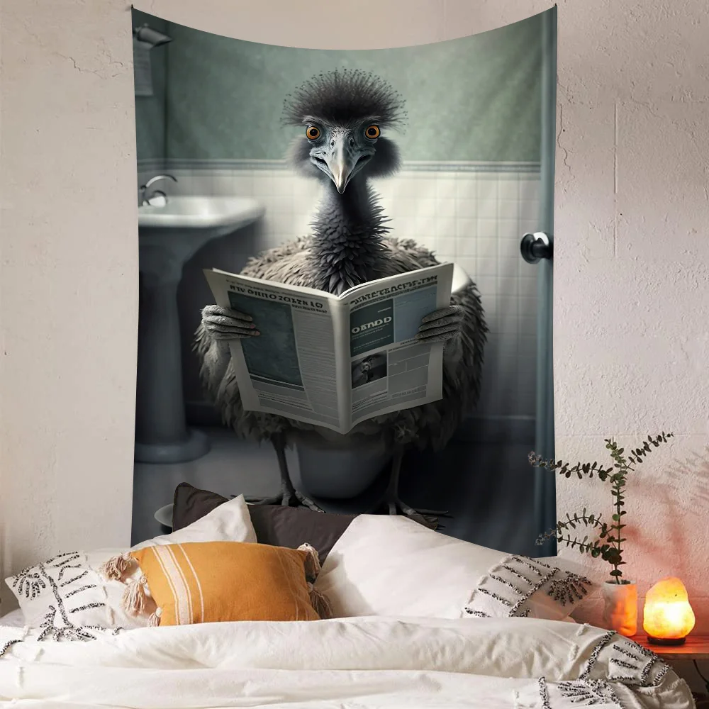 Забавная ванная комната юмористическое животное сидящее на туалете чтение