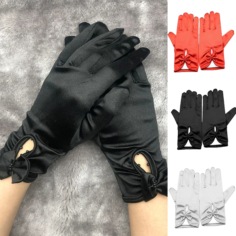 

Women Evening Party Dress Mittens Sexy Chinese Wedding Etiquette Gloves Satin Bowknot Short Gloves Solid ColorThin Five Fingers