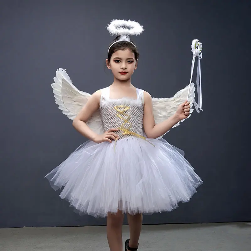 

Christmas Costume For Baby Girl Lace TUTU Dress Festive Kid Up Frock+Angel Wing+Headband+Magic Stick 4PC Set Child Tunic