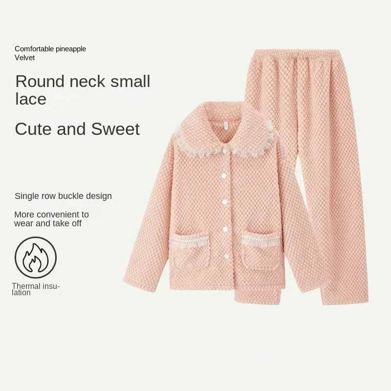 Autumn Winter Warm Flannel Women's Pajama Set Long-sleeved Trousers Two-piece Sweet Princess Style Home Wear Clothes for Women