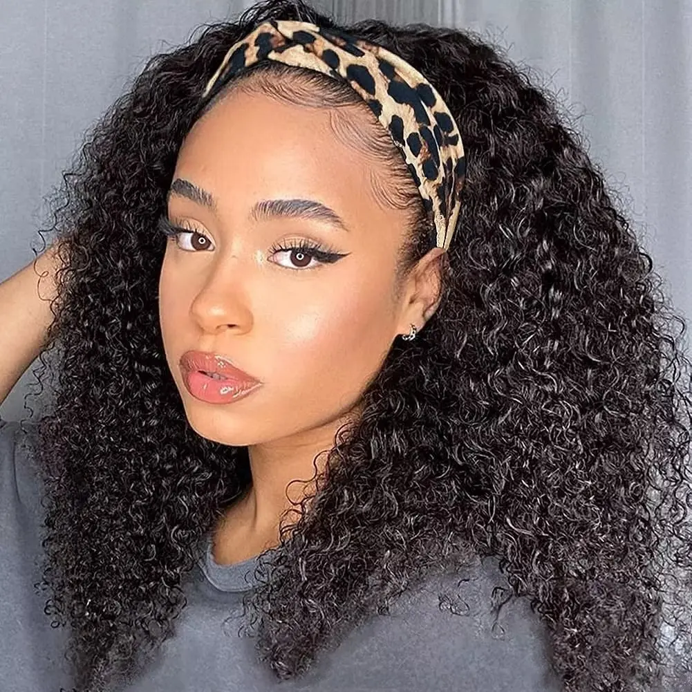 Human Hair Headband Wig Kinky Curly Glueless Full Machine Made Brazilian Remy Human Hair Wigs For Women 180% Density EMOL Hair