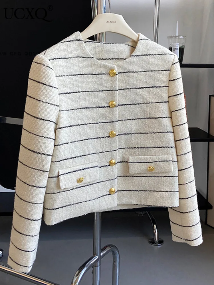 

UCXQ O-neck Temperament Striped Tweed Jacket For Women Fashion Gold Single Breasted Long Sleeve Woolen Coats Female 2023 Autumn