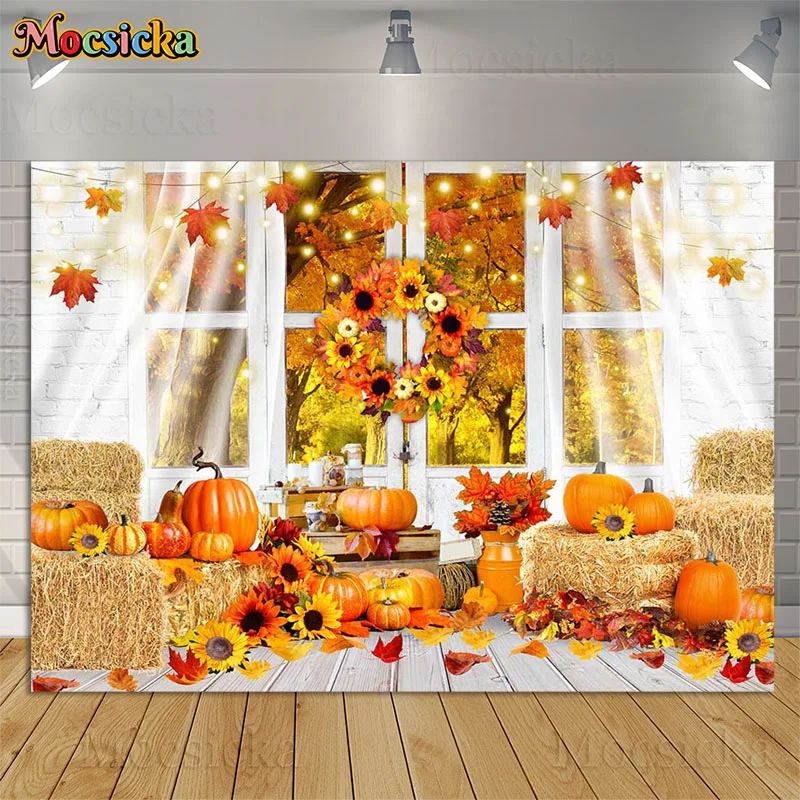 

Fall Pumpkin Maple Leaf Photography Backdrops Autumn Forest White Window Thanksgiving Banner Kids Birthday Background Photocall