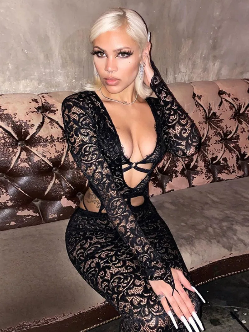 

Sexy Women's Autumn V-neck Hollow Out Lace Dress Female High Waist Bodycon See-through Night Club Evening Party Black Dresses